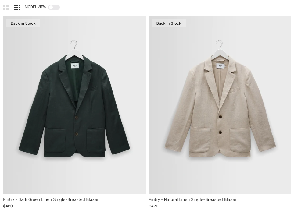 Wax London suiting category page with Model view off. Two Fintry linen blazers shown as hanger shots, each priced at $420.