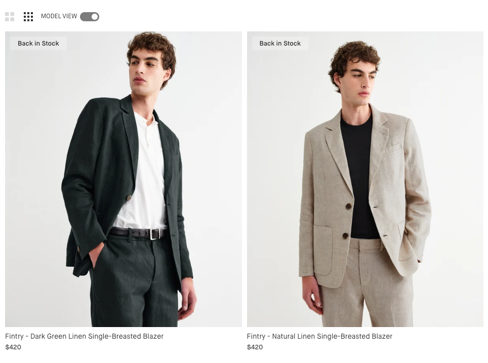 Wax London suiting category page with Model view on. The same two Fintry linen blazers shown on a model, each priced at $420.